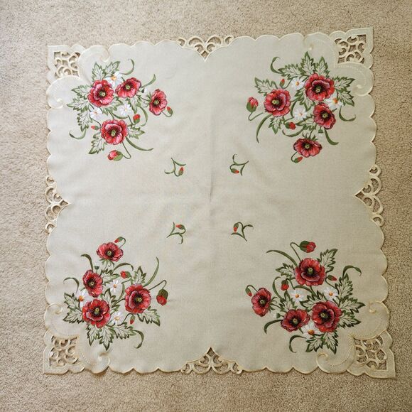 Embroidered Cut Work Tablecloth 33" Poppy Table Topper Cafe Cloth France VTG NEW - Picture 1 of 6